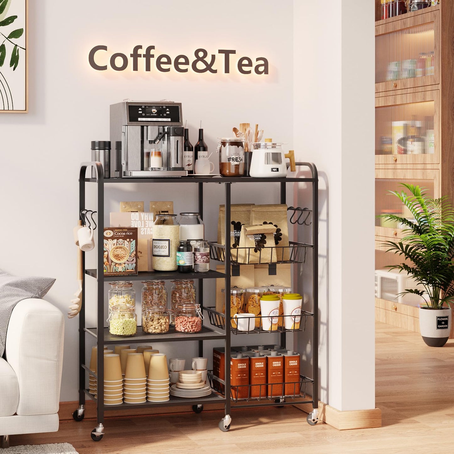 HapiRm Rolling Kitchen Microwave Cart - 4 Tier Microwave Table Stand with Pull-Out Baskets, Coffee Bar Baker's Rack with Wheels Rolling Storage Cart Organizer Shelf for Living Room Office, Balcony