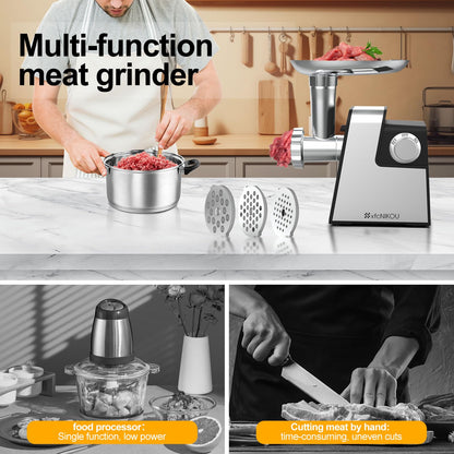 XFCNIKOU Electric Meat Grinder, 2800W Max Sausage Stuffer,Stainless Steel Meat Mincer With 2 Blades, 3 Plates, Sausage Tube And Kubbe Kit For Home Kitchen Use