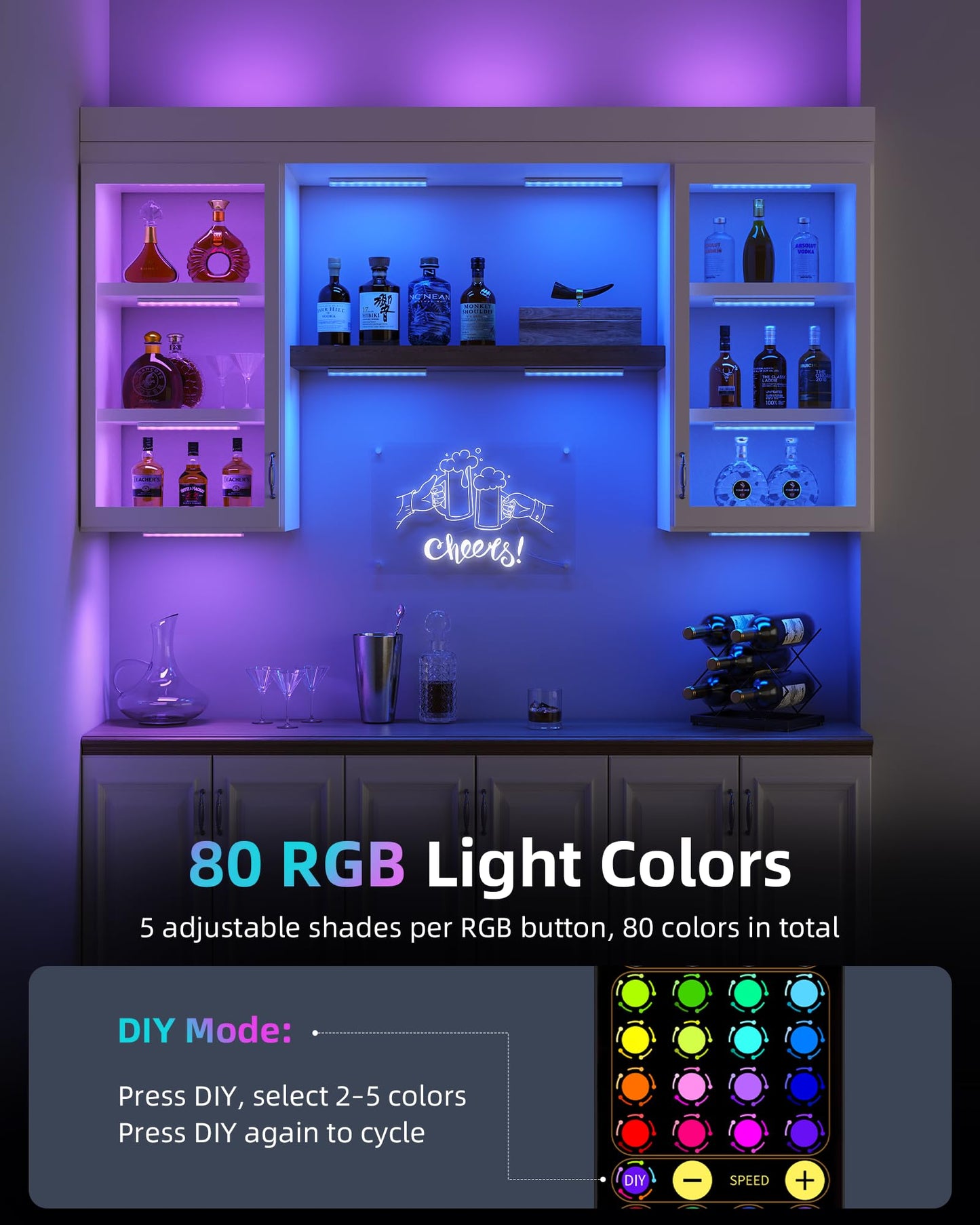 EZVALO 80 RGB Color Changing Under Cabinet Lighting Wireless, 1800mAh Rechargeable Shelf Lights, Magnetic, Timer & Dimmable Bar Light with Remote for Kitchen, Display Case, Cabinet, 6Pack