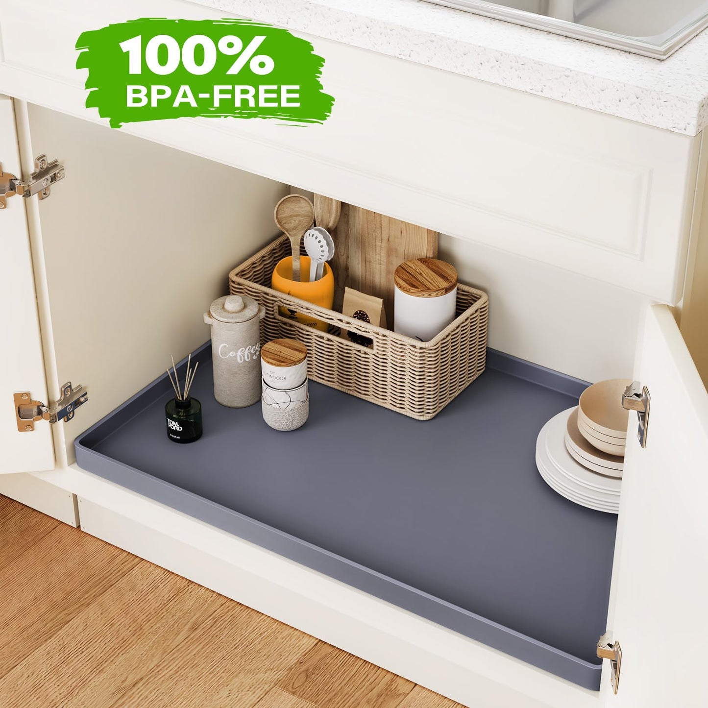 FLATO Waterproof Under Sink Mat 40" x 22" Shelf Liner for Kitchen and Bathroom, Cabinet Protector, Organizers and Storage, Flexible Silicone Drip Tray