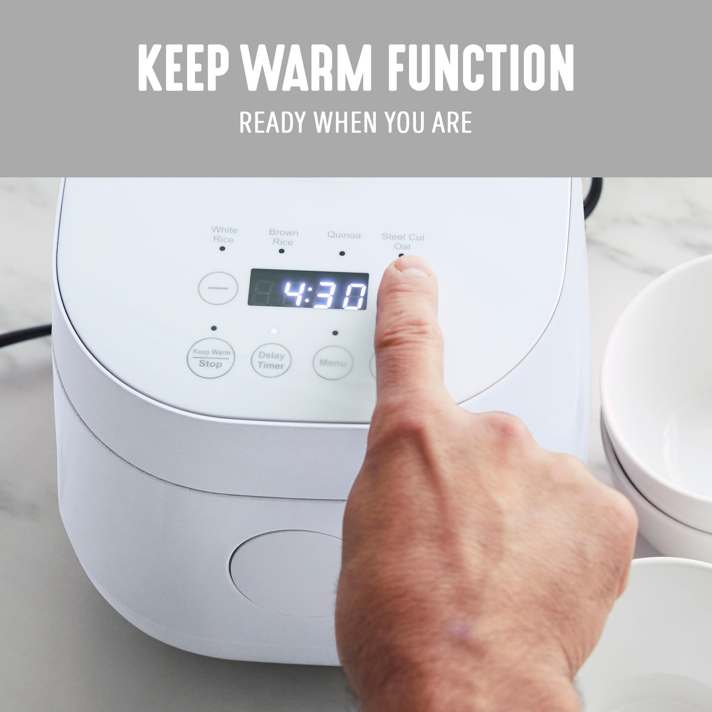 GreenLife Digital Rice Cooker, 2-Cups Uncooked/4-Cups Cooked, Removable Nonstick Ceramic PFAS-Free Pot, One-Touch Presets, Oats, Quinoa, Brown Rice, Auto Keep Warm, Fuzzy Logic Tech, 1.5QT, White