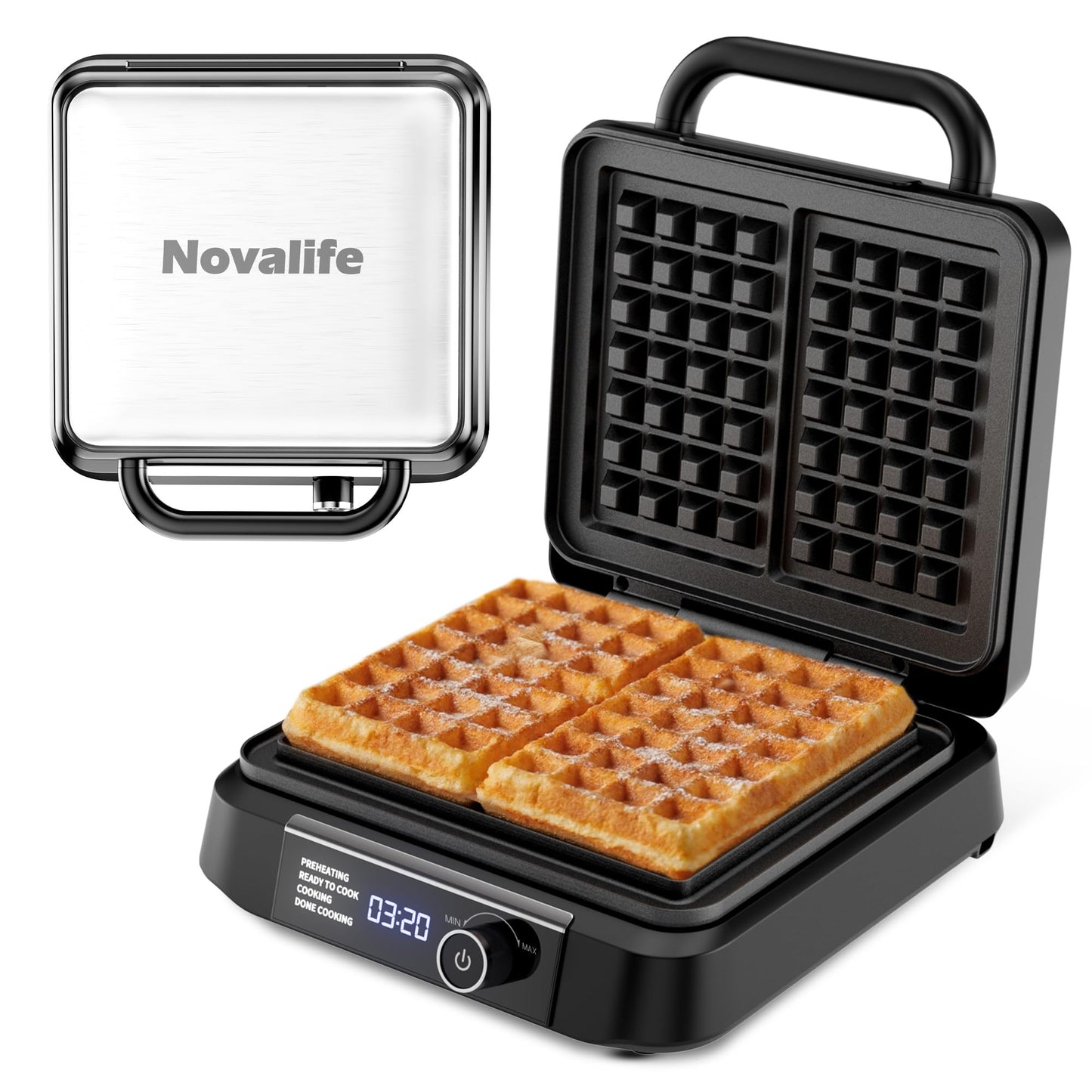 Waffle Maker, 1400W Belgian Waffle Maker, Dual Rectangular Thick Waffle Iron, 7-Level Browning LED Panel, Nonstick Plates, Anti-spill Design, Audible Ready Beep, Easy Cleanup, Stainless Steel
