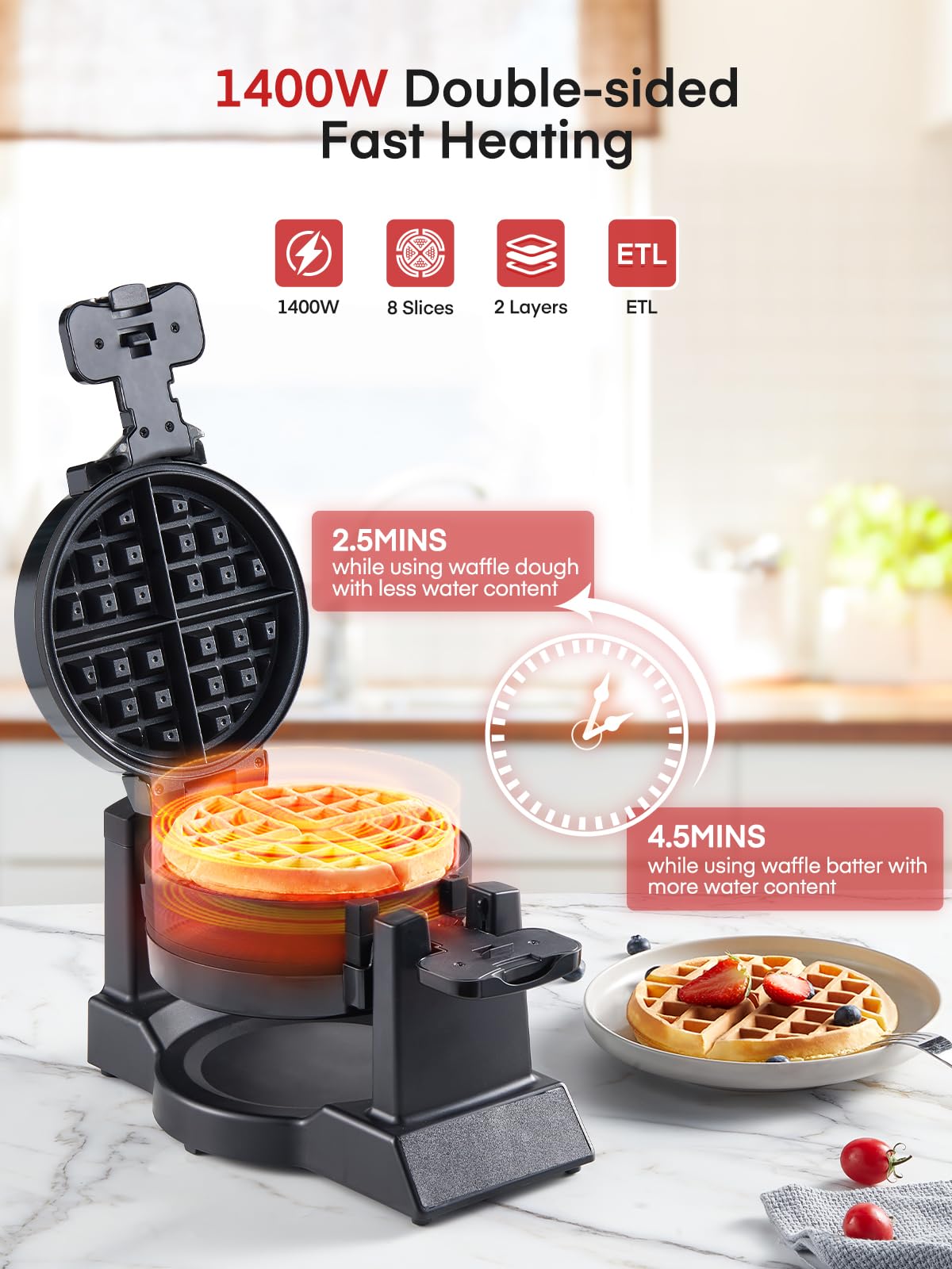 Waffle Maker, 1400W Double Belgian Waffle Iron 180° Flip, 8 Slices in 3 Mins, Rotating & Nonstick Plates, Anti-Scald, Removable Drip Tray Easy to Clean, Cool Touch Handle, Space-Saving Storage(Black)