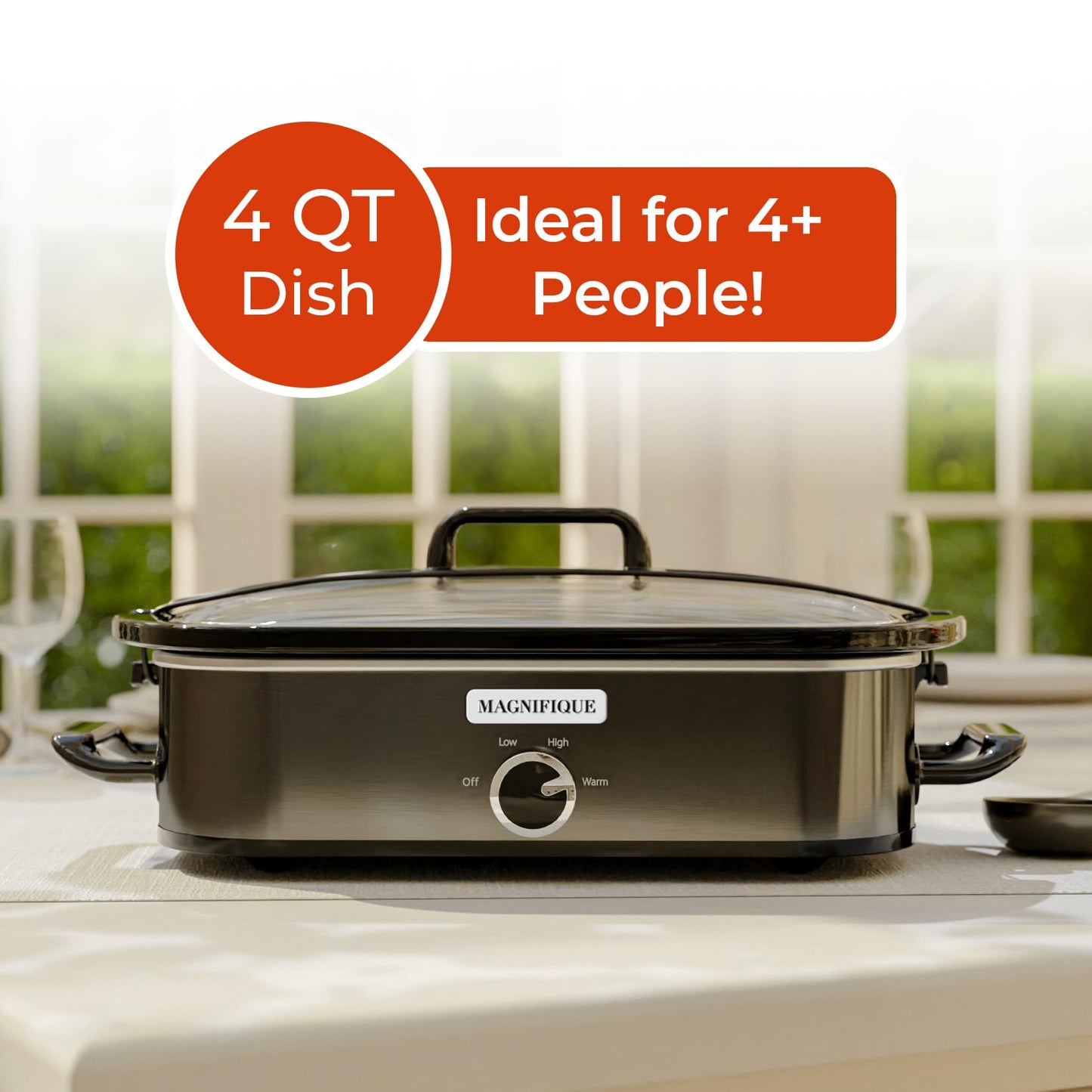 [NEW] MAGNIFIQUE 4-Quart Slow Cooker with Casserole Manual Warm Setting - Perfect Kitchen Small Appliance for Family Dinners, Dishwasher Safe Crock, Stainless Stee
