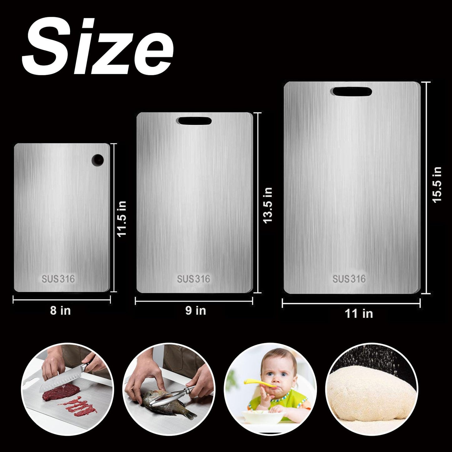 Stainless Steel Cutting Board for Kitchen, 316 Medical Grade Double Sided Non Toxic & Non Moldy, Dishwasher Safe Best Gift for Home Cooks/Outdoor Camping, Fit Meat/Vegetable/Fruit (3PC-S+L+XL)