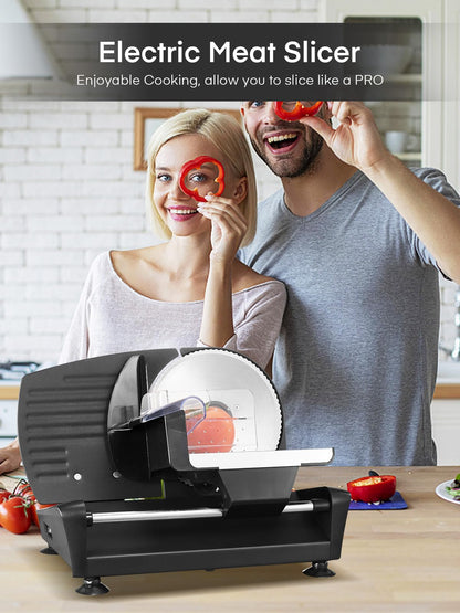 FOHERE Electric Meat Slicer 200W Deli Slicer for Home with Removable Two 7.5” Blades, 0-15mm Precision Thickness Adjustment Knob Cut Deli Food, Meat Ham Bread Fruit, Include Food Carriage, Black