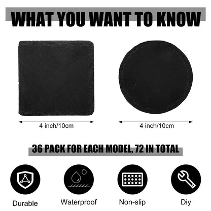 Hoolerry 72 Pcs Slate Coasters Bulk 4 Inch Round Black Drink Coaster Square for Natural Laser Engraving Edge Blanks with Anti Scratch Bottom for Home Cafe Bar Wedding Party Kitchen