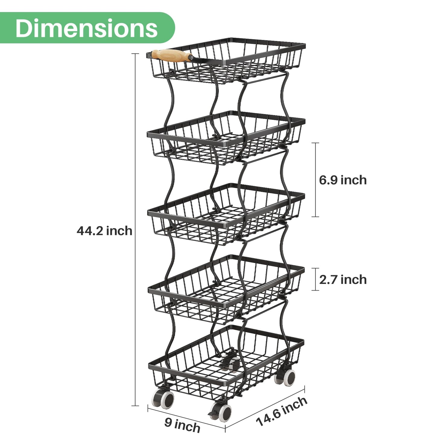 SAYZH Fruit Basket Kitchen Pantry Organizers and Storage - 5 Tier Stackable Metal Wire Basket Stand for Fruit Vegetable Snacks Jars Bins Containers Organization, (Black, 5 Tiers)