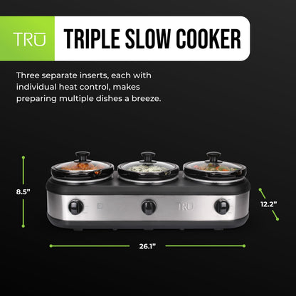 TRU Triple Buffet Server - Three 2.5 Quart Removable Crock Inserts - Slow Cooker & Food Warmer with Individual Heat Control - Includes Lid Rests & Serving Spoons