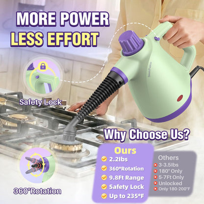 1050W Powerful Steam Cleaner with 9pcs Accessories & Safety Lock, Quick Heating Pressurized Handheld Steam Cleaner for Home, Multi-Surface Steamer Cleaner for Car, Window, Bathroom, Grout and More