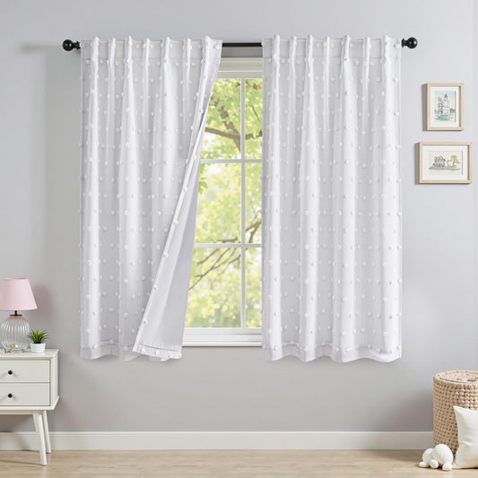 MYSKY HOME 100% Black Out Curtains for Bedroom White Blackout Curtain 63 Inches Long Thermal Insulated 2 Panels Short Kitchen Drapes with White Pom Pom Sheer Room Darkening Back Tab, 52 x 63 in