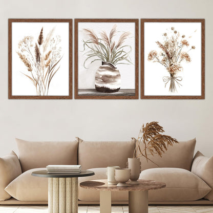 JJY Framed Fall Farmhouse Boho Decor for Wall Art Prints set of 3 -Autumn Pampas Grass Wall Decor Poster Aesthetics -Nature Fall Plant Painting Set for Home Living Room Kitchen Wall Decor 11"x14"