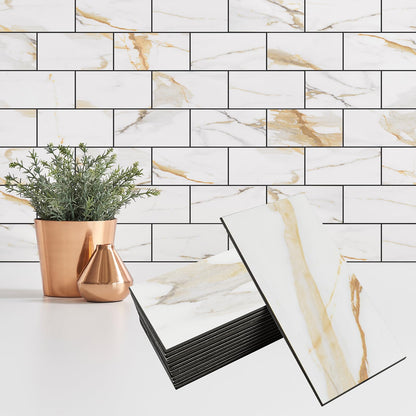 StyloVue 100 Pieces Peel and Stick Backsplash for Kitchen, 3" x 6" PVC Subway Tile Upgraded Calacatta Gold with Dark Gray Grout Backsplash Stick on Tile Elevate Kitchen, Bathroom, Fireplace,RV