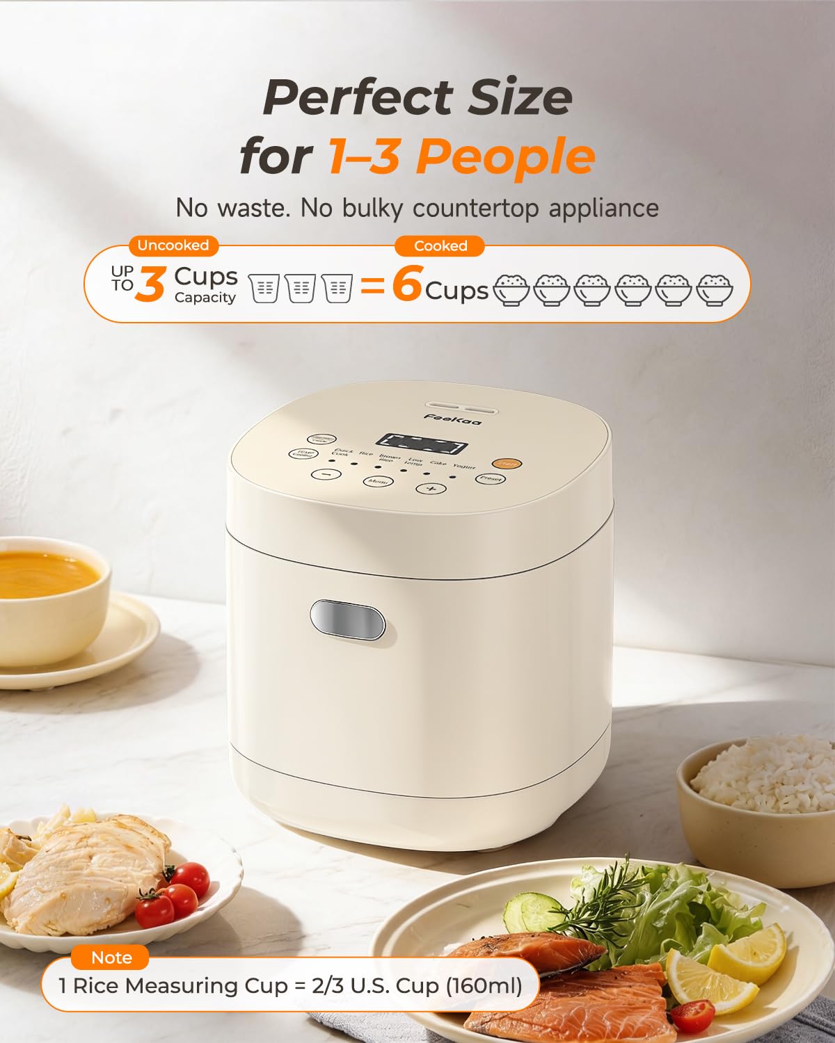 Feekaa Rice Cooker Small, 3-Cup Uncooked / 6-Cup Cooked, Compact Mini Rice Cooker Small Kitchen with Ceramic Coated Inner Pot, Rice Maker with 6 Menu Options, Low Temperature Cooking, 12H Delay Timer