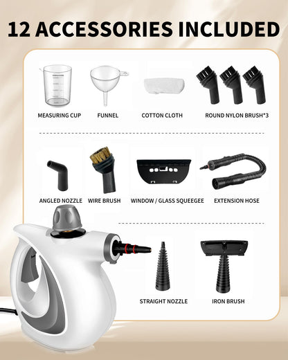 Pressurized Handheld Steam Cleaner for home with 12pcs Accessories & Safety Lock – Multi-Surface Natural Deep Steamer for Cleaning Car, Furniture, Floor, Upholstery, Tile, Grout, Windows(dark gray)