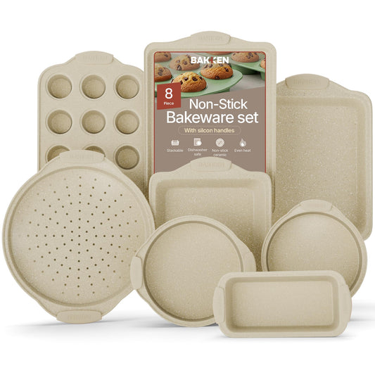 BAKKENMASTER Deluxe 8-Piece Carbon Steel Bakeware Set - Nonstick White Marble Coating, Silicone Handles - Professional Quality Kitchen Oven Baking Pans