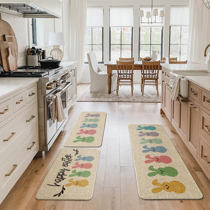 Artoid Mode Rabbits Bunny Happy Easter Kitchen Mats Set of 3, Home Decor Low-Profile Kitchen Rugs for Floor - 17"x29"+17"x36"+17"x47"