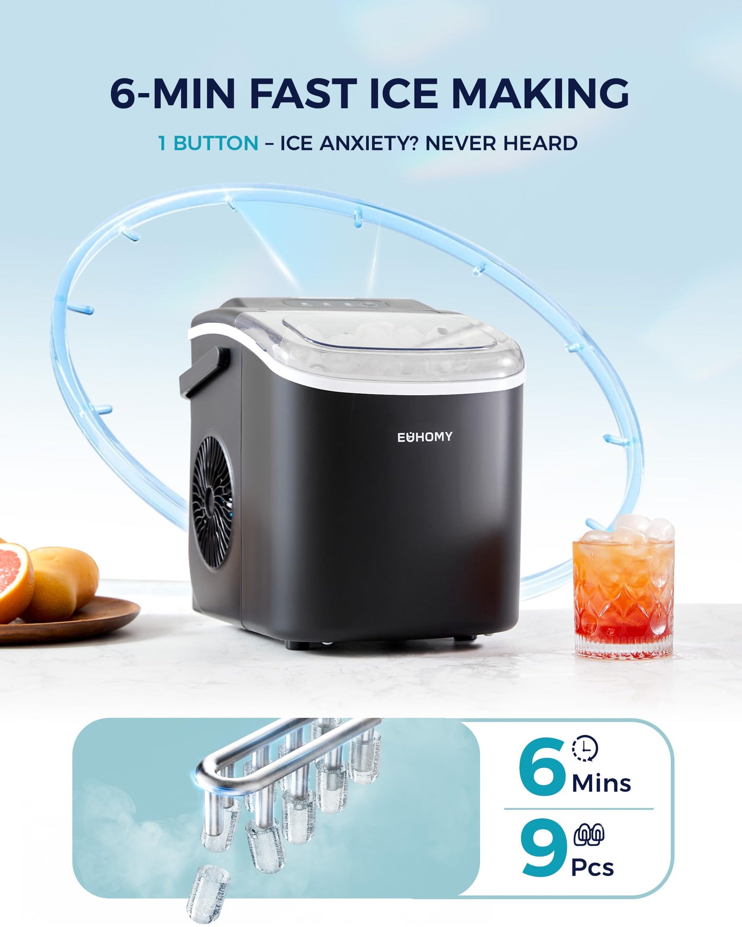 EUHOMY Countertop Ice Maker, 26lb/24hr, 9-Cube Ice in 6min, Auto-Clean, Portable with Basket & Scoop, Black