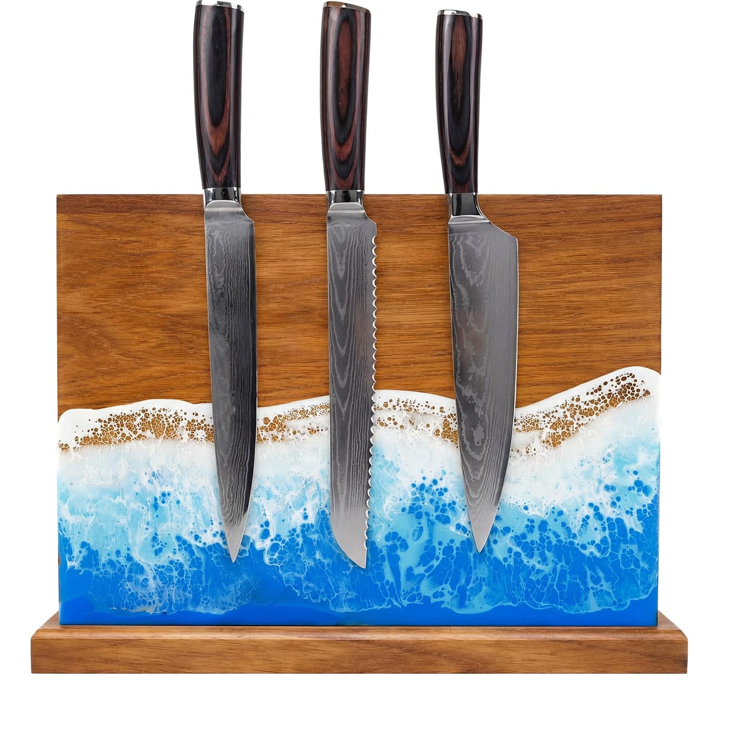 Singhoow Magnetic Knife Block Double Sided Magnetic Knife Board Acacia Wood Blue Resin Ocean River Magnet Knives Holder Stand for Kitchen Storage Counter Gifts for New Home 13 x 10 Inch Without Knives