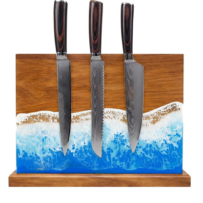 Singhoow Magnetic Knife Block Double Sided Magnetic Knife Board Acacia Wood Blue Resin Ocean River Magnet Knives Holder Stand for Kitchen Storage Counter Gifts for New Home 13 x 10 Inch Without Knives