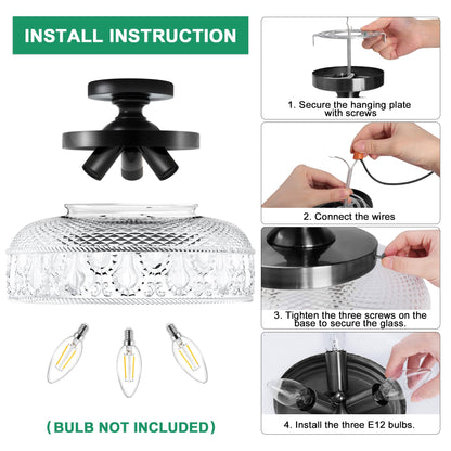 Lamomo Semi Flush Mount Ceiling Light, Upgraded Larger 12 Inch Black Hallway Light Fixture, 3 Light Globe Glass Close to Ceiling Light, Indoor Hanging Light for Bedroom Kitchen Porch Hallway