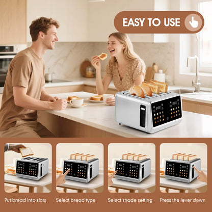 4 Slice Touch Screen Toaster with LCD Display Stainless Steel Digital Toasters 6 Bread Types& 6 Shade Settings Smart Extra Wide Slots Toaster With Bagel Cancel Defrost Reheat Functions