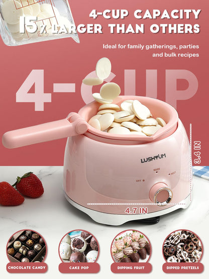 LUSHYUM Chocolate Melting Pot Candy Melts Melter with 2 Insert Pots and Spatula, 4 Cups Capacity Warmer Machine, Ideal Dipping Tool Kitchen Supplies for Making Cake Pop Covered Strawberries Fondue