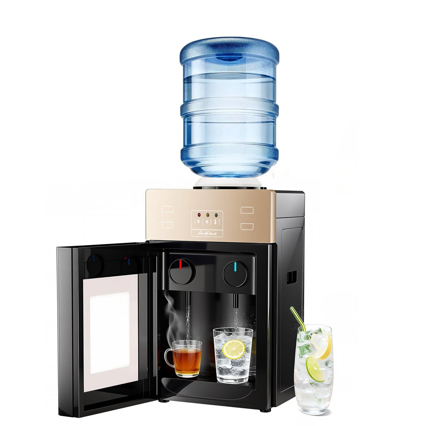 Top-Loading Countertop Water Dispenser for 1.2 to 5 Gallon Bottles, Hot & Cold Water Cooler Dispenser with Rotating Dual Spout, No-Press Dispensing, Visual Door Cover for Kitchen, Office, Bedside Use