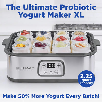 Ultimate Probiotic Yogurt Maker XL - Adjustable Time & Temperature Control - 50% More Capacity with 12 x 6oz Yogurt Jars - Make Trillions of Probiotics for Gut Health - ULTIMATE LIFETIME WARRANTY