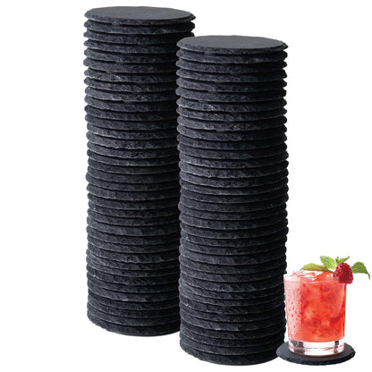 72 PCS Slate Coasters Set, 4 Inch Black Round Stone Drink Coasters Bulk, Laser Engraving Blanks with Anti-Scratch Bottom for Coffee Bar Home Kitchen Decor, Ideal Housewarming Wedding Gifts