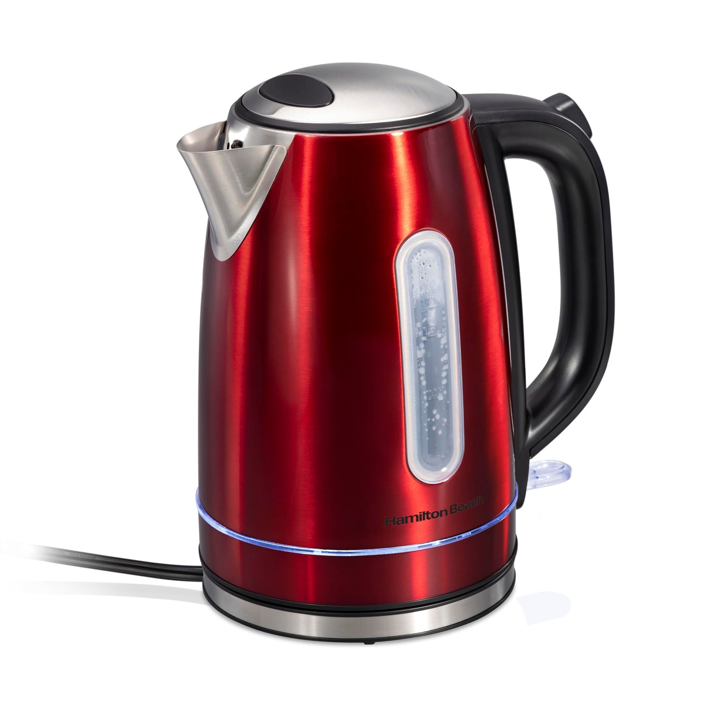 Hamilton Beach Electric Tea Kettle, Water Boiler & Heater, 1.7 Liter, Cordless Serving, 1500 Watts for Fast Boiling, Auto-Shutoff and Boil-Dry Protection, Red with LED Light Ring (41060)