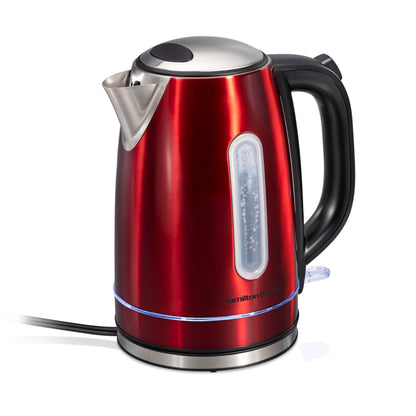 Hamilton Beach Electric Tea Kettle, Water Boiler & Heater, 1.7 Liter, Cordless Serving, 1500 Watts for Fast Boiling, Auto-Shutoff and Boil-Dry Protection, Red with LED Light Ring (41060)