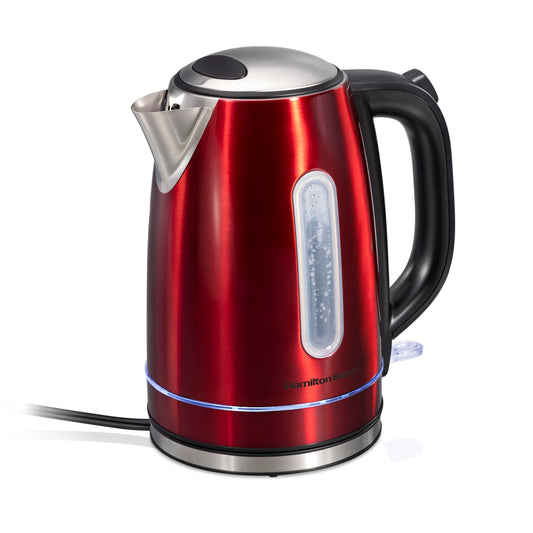 Hamilton Beach Electric Tea Kettle, Water Boiler & Heater, 1.7 Liter, Cordless Serving, 1500 Watts for Fast Boiling, Auto-Shutoff and Boil-Dry Protection, Red with LED Light Ring (41060)