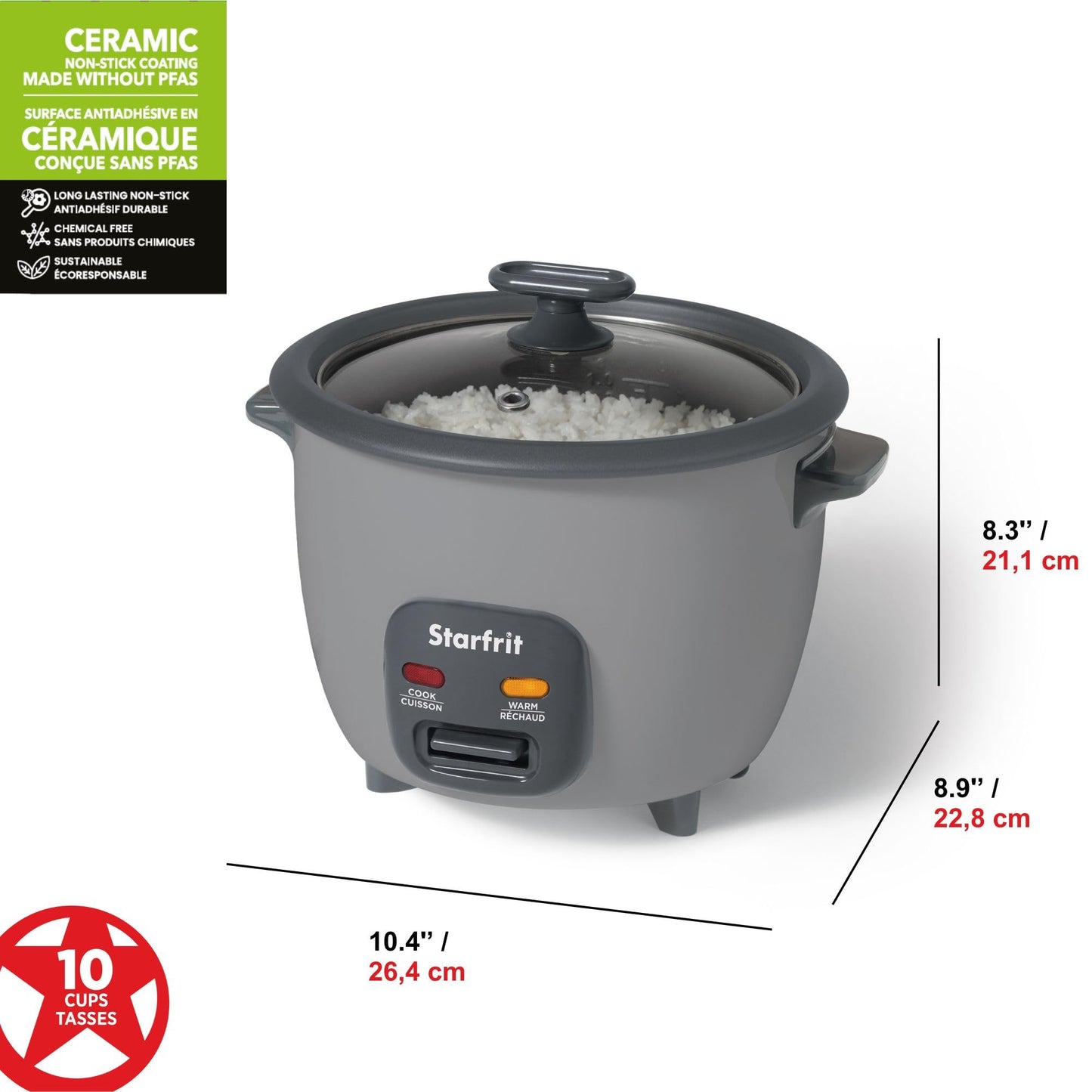 Starfrit 10-Cup Electric Rice Cooker, Ceramic Non-Stick, PFAS-Free, 400W, Includes Steamer Basket & Accessories