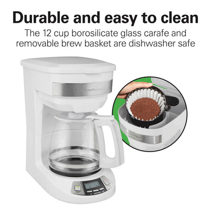 Hamilton Beach 12 Cup Programmable Drip Coffee Maker Machine, Regular & Bold Brew Options, Auto Pause and Pour, Glass Carafe, White (46294J)