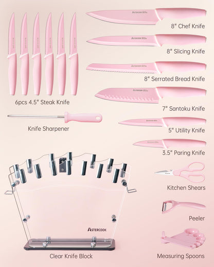 Astercook Knife Set with Block and Sharpener, 22 Piece Kitchen Knife Set Dishwasher Safe, Space-Saving Clear Knife Block with Knives for Everyday Home Cooking Mothers Day Gifts Pink