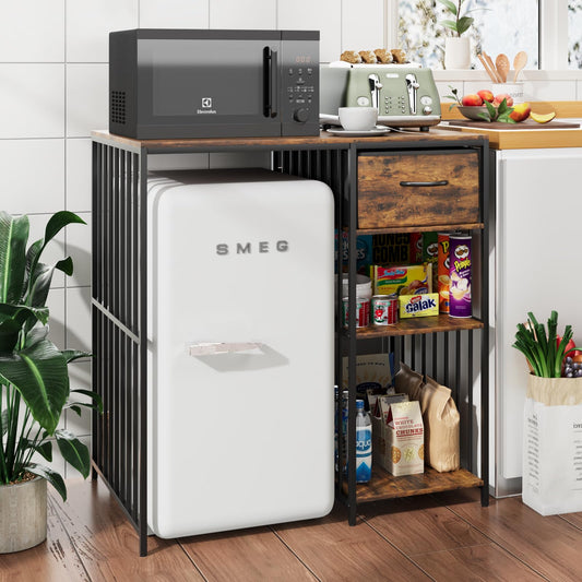VOWNER Mini Fridge Cabinet with Power Outlet, 3-Tier Industrial Style Kitchen Microwave Stand Baker Rack with Drawer, Utility Storage Shelf for Home Kitchen Dorm Office, Vintage Wood, 35" Lx22 Wx37 H
