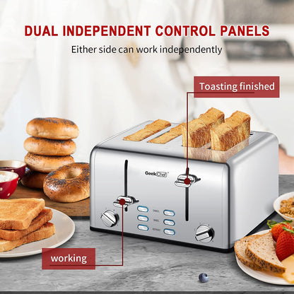 Toaster 4 Slice, Geek Chef Stainless Steel Extra-Wide Slot Toaster with Dual Control Panels of Bagel/Defrost/Cancel Function, 6 Toasting Bread Shade Settings, Removable Crumb Trays, Auto Pop-Up