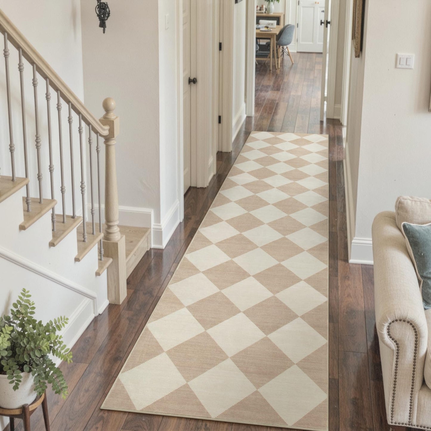 Beeiva Checkered Print Long Hallway Runner Rug Non Slip, Beige Ultra Thin 2.5x10 Washable Runner Rug, Moroccan Trellis Home Decor Faux Wool Neutral Carpet for Bathroom Kitchen Hallways, 10ft