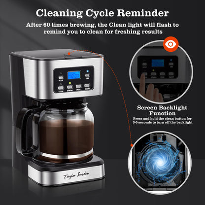 Taylor Swoden 12-Cup Programmable Coffee Maker, Regular & Strong Brew Drip Coffee Machine for Home and Office, Glass Carafe, Pause & Serve, Auto Shut Off, Black & Stainless Steel