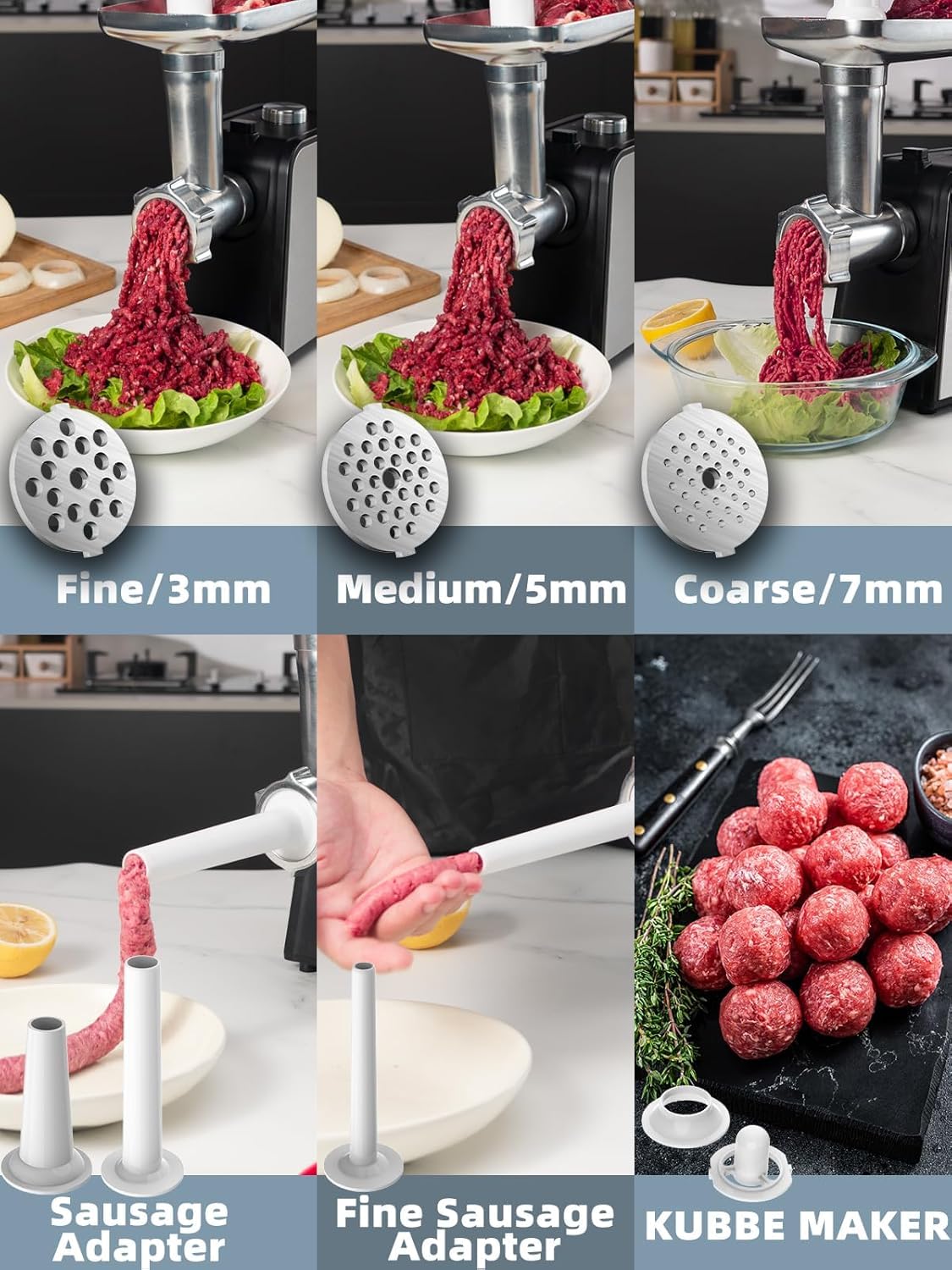 Oaomi 3200W Max Electric Meat Grinder & Sausage Stuffer - Mincer Machine with Tool 2 Blade And 3 Plates, 3 Tubes & Kubbe Kit Tool for Home Kitchen Use（Black）
