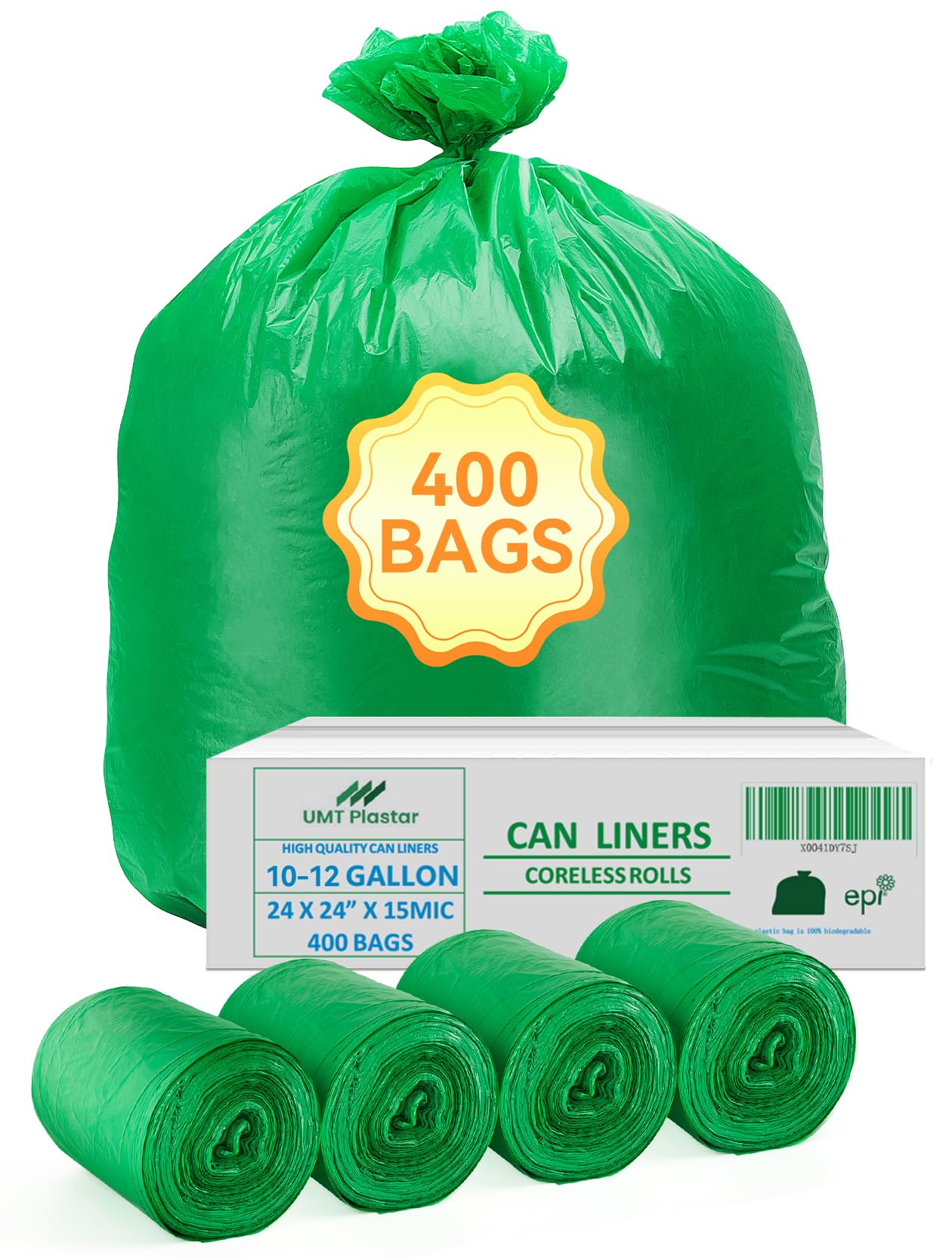 UMT Plastar 400 Count Compostable Trash Bags 10-12 Gallon, 24 x 24 Inch Biodegradable Kitchen Garbage Bags 15 Micron, Green Eco Friendly Small Trash Bags for Home, Office & Bathroom