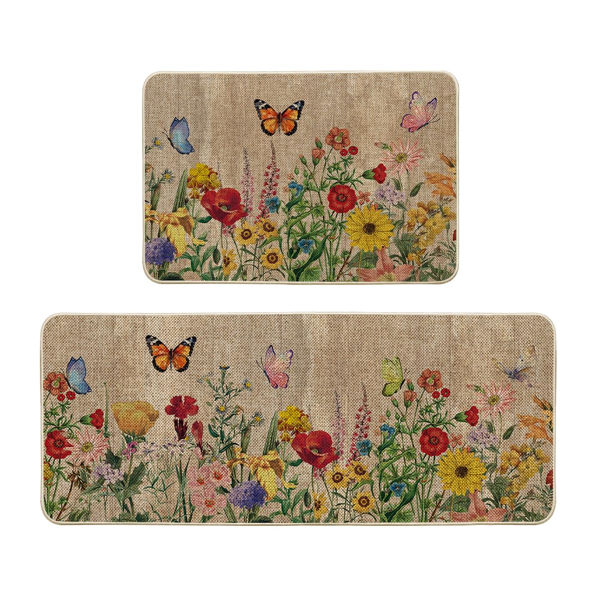 Artoid Mode Wood Flowers Butterfly Spring Kitchen Mats Set of 2, Seasonal Home Decor Leaves Low-Profile Kitchen Rugs for Floor - 24x35 and 24x59 Inch