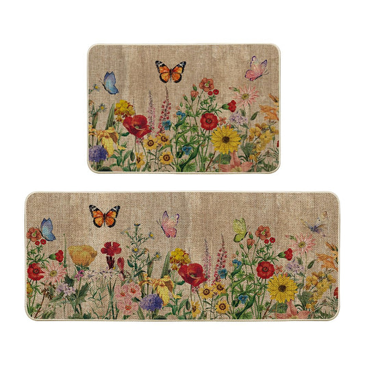 Artoid Mode Wood Flowers Butterfly Spring Kitchen Mats Set of 2, Seasonal Home Decor Leaves Low-Profile Kitchen Rugs for Floor - 24x35 and 24x59 Inch