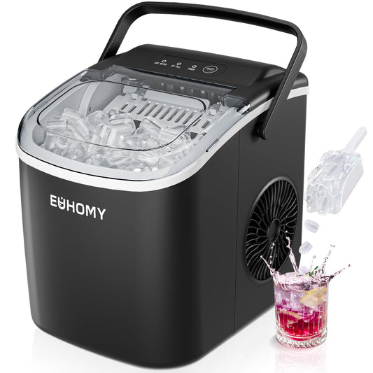 EUHOMY Countertop Ice Maker, 26lb/24hr, 9-Cube Ice in 6min, Auto-Clean, Portable with Basket & Scoop, Black