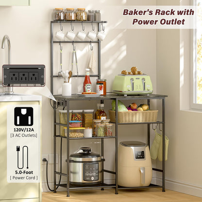 3IngSeagulls Bakers Rack with Power Outlet, Kitchen Microwave Stand with 10 S-shaped Hooks, 6-Tier Coffee Bar Station, Kitchen Storage Shelf Rack for Spices, Pots, Gray