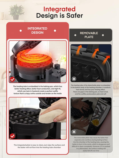 Waffle Maker, 1400W Double Belgian Waffle Iron 180° Flip, 8 Slices in 3 Mins, Rotating & Nonstick Plates, Anti-Scald, Removable Drip Tray Easy to Clean, Cool Touch Handle, Space-Saving Storage(Black)