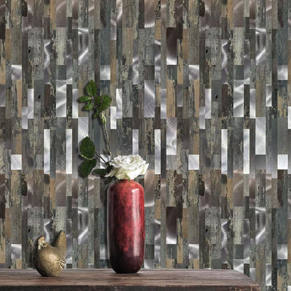 sanyeskkiy 10-Sheet Peel and Stick Backsplash Tile, PVC Mixed Meta,l Stick on Kitchen, Bathroom Vanities, Fireplace Décor, Laundry Table(11.2" X 12.7") (10, Wooden Green+Frosted Silver)