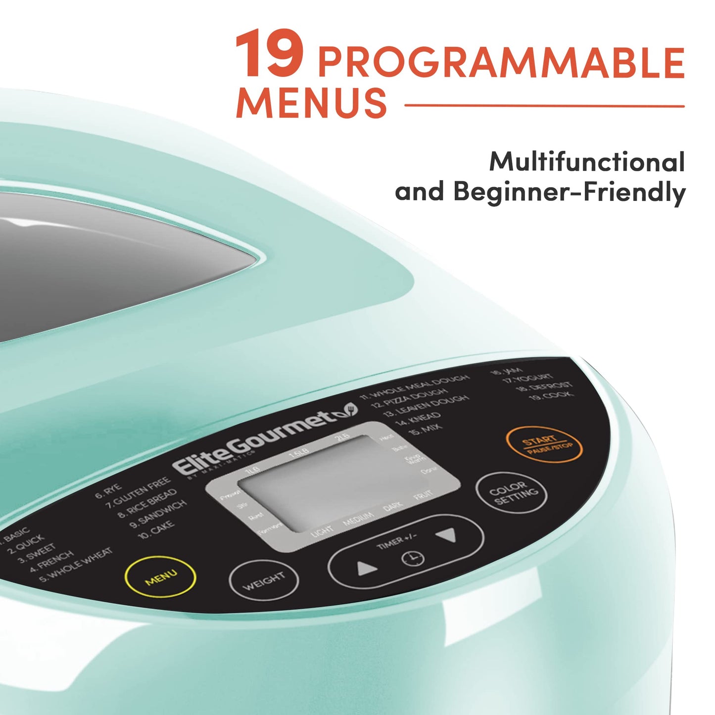 Elite Gourmet Programmable Bread Maker, 2 lb Loaf, 3 Sizes, 19 Presets incl. Gluten-Free, Dough & Jam, Delay Timer, Mint