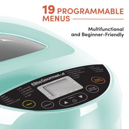 Elite Gourmet Programmable Bread Maker, 2 lb Loaf, 3 Sizes, 19 Presets incl. Gluten-Free, Dough & Jam, Delay Timer, Mint
